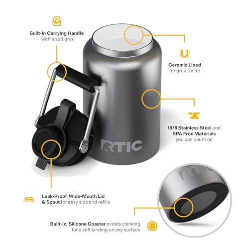 RTIC Half Gallon Outback Jug, Ceramic Lined, Stainless | Stainless Steel, Insulated Water Bottle with Lid and Handle, Double Wall Vacuum Insulation - color: Stainless