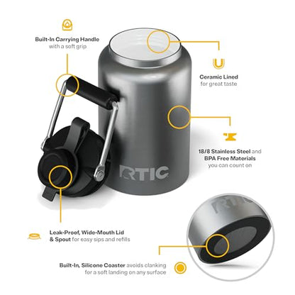 RTIC Half Gallon Outback Jug, Ceramic Lined, Stainless | Stainless Steel, Insulated Water Bottle with Lid and Handle, Double Wall Vacuum Insulation - color: Stainless