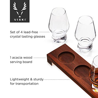 Viski Spirit Tasting Flight Set, Crystal Glass Set with Wooden Tray for Bourbon, Scotch, Gin, Brandy or Liquor, Elegant Drinkware for Home Bars, Whiskey Flights, and Barware Collections - style: Tasting Flight Set