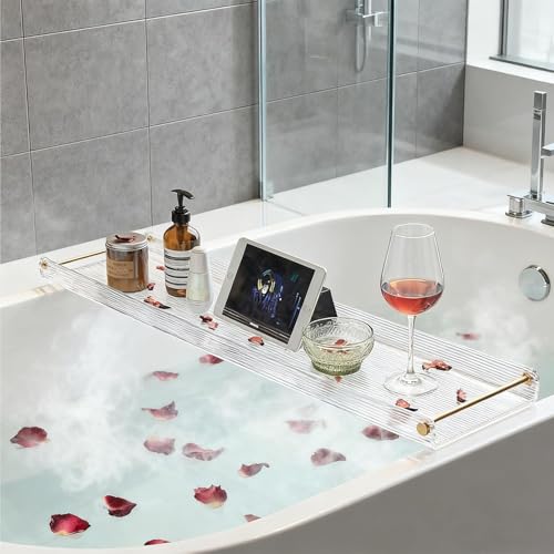 Acrylic Bathtub Tray, NEWRAIN Luxury Bath Caddy Tub Table,Unique House Warming Gifts, New Home, Anniversary and Wedding Gifts for Couple, Bathroom Accessories for Spa or Reading Lite Style