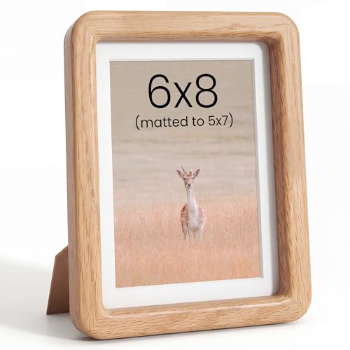 Acovy 6x8in Picture Frame, Natural Solid Oak | Handcrafted Wooden Photo Frame, Dual Use for Tabletop & Wall Mount, Matted to Fit 5"x7" Photos, HD Tempered Glass - color: Oak, size: 6x8in