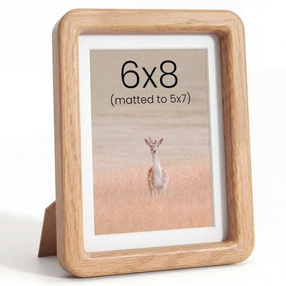 Acovy 6x8in Picture Frame, Natural Solid Oak | Handcrafted Wooden Photo Frame, Dual Use for Tabletop & Wall Mount, Matted to Fit 5"x7" Photos, HD Tempered Glass - color: Oak, size: 6x8in