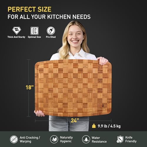 Extra Large Bamboo Wooden Cutting Board Wood Cutting Boards for Kitchen | Heavy Duty, End Grain, Non Toxic, Non Slip, Cutting Board Set, Solid Thick, Juice Groove, Butcher Block, Best Kitchen Gift - size: 23.5"L x 18"W