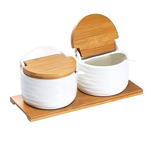 Ceramic Sugar Bowl with Bamboo Lids and Spoons Serving Tray, Porcelain Sugar Container for Sugar Tea Coffee Spice,Salt Condiment with Chalkboard Labels for Home Kitchen,9.1 fl oz 270 ML - color: C-001-2