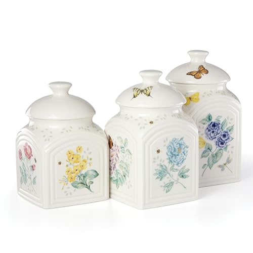 Lenox Butterfly Meadow Porcelain Canister Set, 3-Piece, for Kitchen Counter | dishwasher safe | floral design | kitchen storage, gift for women, home and kitchen decor, kitchen storage item - style: Square Canisters, Set of 3