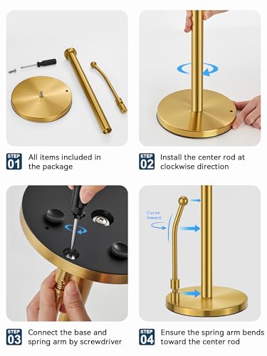 SMARTAKE Paper Towel Holder Countertop, Non-Slip Weighted Base, Gold | Freestanding Kitchen Roll Dispenser, Rustproof Stainless Steel, Spring Arm for Easy Tear, Widden Top, with 4 Suction Cups - color: 03-gold