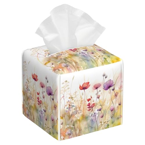 Tissue Box Cover Square, Colorful Wildflowers Floral Leather Tissue Box Cover Decorative Facial Paper Organizer Dispenser for Bathroom Kitchen Bedroom Vanity Countertop Night Stands - color: Color13