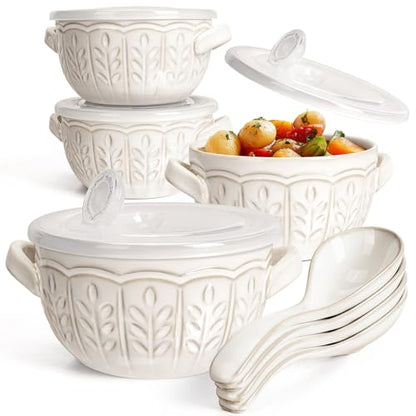 French Onion Soup Bowls with Handles and lids & Spoons, 20 Oz Ceramic Soup Crocks Oven Safe Serving Bowls for Chili, Beef Stew, Cereal, Pot Pies, Embossment, Set of 4, White (Wheat Leaf) - color: White (Wheat Leaf)