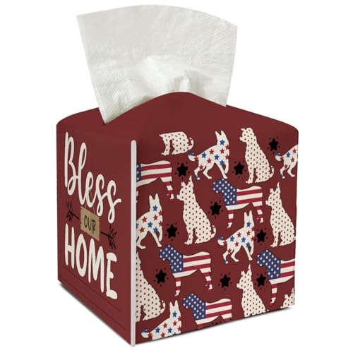 Dog Leather Tissue Holder with Bottom Belt American Flag Tissue Box Cover Ideal for Dog Mom Housewarming Gift Bathroom Car Nightstand Vanity Kitchen Decor Waterproof Napkin Organizer Dispenser - FS715 - color: Red 04