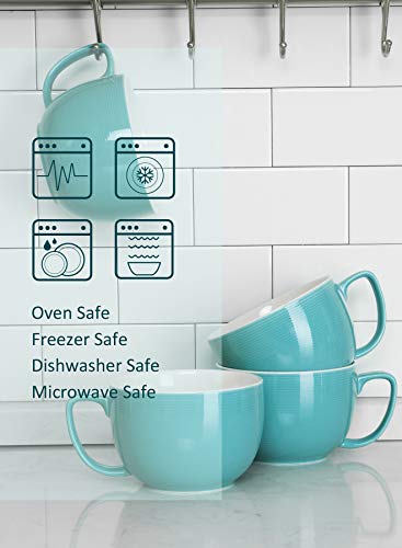 Teocera 24 oz Soup Bowls with Handles, Porcelain Large Coffee Mug Set, Jumbo Mugs, Soup Bowls Mugs set of 4 for Coffee, Oatmeal, Stew - Striped Design, Turquoise - color: Turquoise