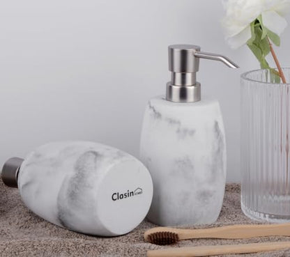 Clasin Home Resin Soap Dispenser Set 2, Refillable Hand Soap Dispenser with White Marble Look and Metallic Pump, Kitchen, Bathroom, Waterproof Labels (12 Oz) - color: White_2 Pcs
