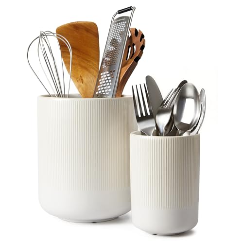 Utensil Holder, 7.3"+5.3" Large Ceramic Kitchen Utensil Holder for Countertop, Cooking Utensil Holder for Kitchen Counter, Kitchen Tool Holder, Modern Farmhouse Decor, Matte White - color: Matte White