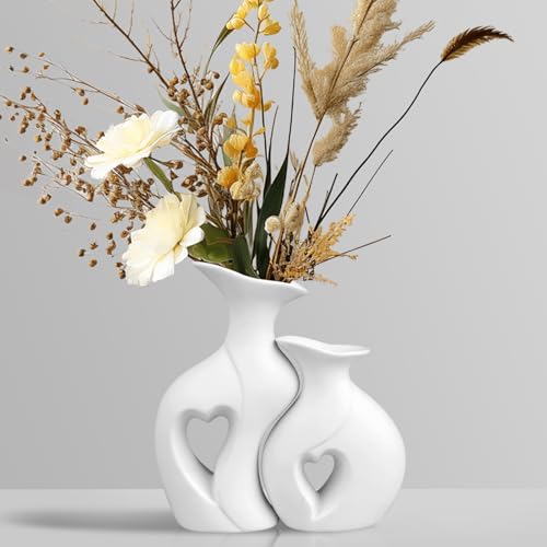 Heart Ceramic Vase Set of 2, White Flower Vases for Lovers, Modern Minimalist Vases for Home Decor or Gift - color: White