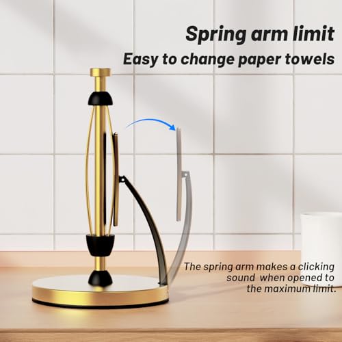 VEHHE Gold Paper Towel Holder Countertop, One-Handed Tear, Stainless Steel, Stand Paper Towel Holder with Spring Activated Arm & Non Slip Weighted Base, for Kitchen Bathroom - color: Gold, size: Eva Pad Base