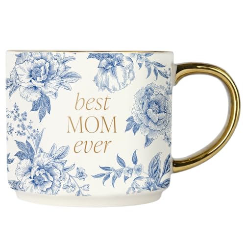 Sweet Water Decor Best Mom Ever Coffee Mug, Vintage Blue Delft Floral Design with Gold Handle & Rim, 14oz Fine Bone China Tea Cup, Cute Gifts for Mother's Day, Baby Shower, Christmas & Mom's Birthday - style: Best Mom Ever - Delft
