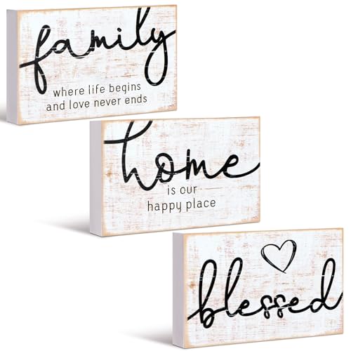 Jetec 3 Pcs Family Home Blessed Rustic Wood Sign Mini Wood Decorative Farmhouse Woodworks Table Shelves Decorations Sign for Bedroom Kitchen Living Room Table Decor(Retro Color,4.25 x 2.76 x 0.59 in) - color: Retro Color, size: 4.25 x 2.76 x 0.59 in