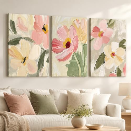 3 Pcs Abstract Floral Canvas Wall Art,Pink Flowers Picture Wall Decor | Impressionistic Morandi Color Poster Print Artwork, for Living Room Bathroom Bedroom Home Decoration,16x24in,Unframed - color: Pastels, size: 24"L x 16"W