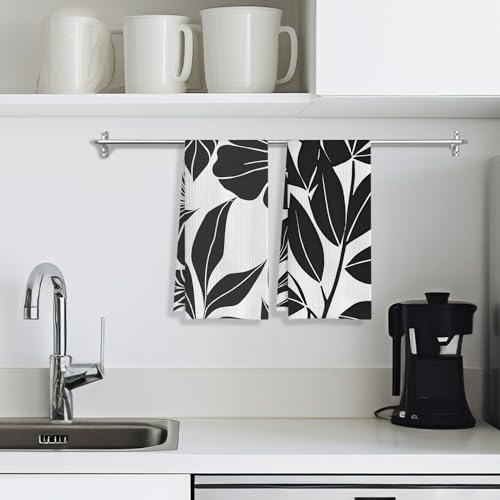 Boho Black and White Kitchen & Bath Towels Set, 2 x 16x24 Inch Floral Dish & Hand Towels - color: 24- Abstract Towels