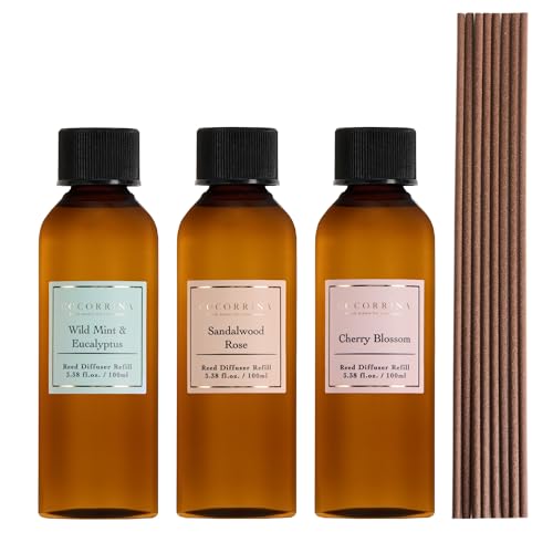 Reed Diffuser Refill Set, 10.2oz Scented Oil Refill 3 Pack, Sandalwood Rose, Cherry Blossom, Wild Mint & Eucalyptus, Long Lasting Oil Diffuser Refill with18 Sticks for Bathroom & Bedroom