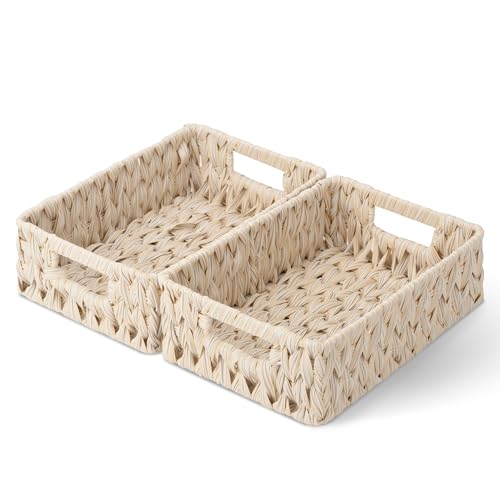 GRANNY SAYS Wicker Baskets for Organizing, Shallow Storage Bins, 2-Pack | Waterproof Wicker Baskets with Handles, Wicker Storage Baskets for Shelves, Woven Baskets for Storage,Living Room,Butter Milk - color: Butter Milk, size: 11¼"L x 7½"W x 3½"H