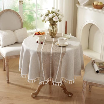 Laolitou Rustic Tablecloth Cotton Linen Waterproof Tablecloths Burlap Table Cloths for Kitchen Dining,Party,Holiday,Christmas,Buffet Coffee Lines, Round, 55", 2-4 Seats - color: Coffee Lines, size: 55" (Round)