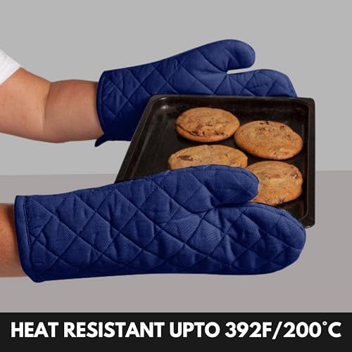 Oven Mitt (7"x13") & Pot Holder (8"x8") 100% Cotton Set of Heat Resistant Oven Gloves & Hot Pads for Gifts, BBQ, Cooking, Baking, Thanksgiving - Indigo Blue - color: Indigo Blue