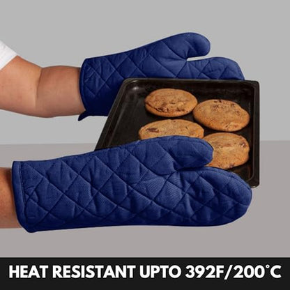 Oven Mitt (7"x13") & Pot Holder (8"x8") 100% Cotton Set of Heat Resistant Oven Gloves & Hot Pads for Gifts, BBQ, Cooking, Baking, Thanksgiving - Indigo Blue - color: Indigo Blue