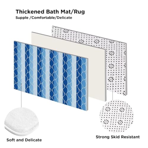 DDQQ 4Pcs Blue Bathroom Set Stripe Shower Curtain Set Modern Geometric Shower Curtain for Bathroom with 12 Hooks, Bathroom Carpet Bath Mat and Toilet Rugs - color: Blue