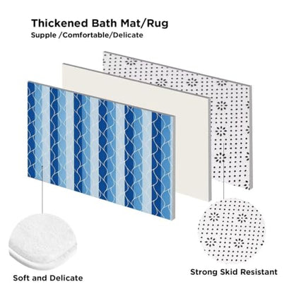 DDQQ 4Pcs Blue Bathroom Set Stripe Shower Curtain Set Modern Geometric Shower Curtain for Bathroom with 12 Hooks, Bathroom Carpet Bath Mat and Toilet Rugs - color: Blue