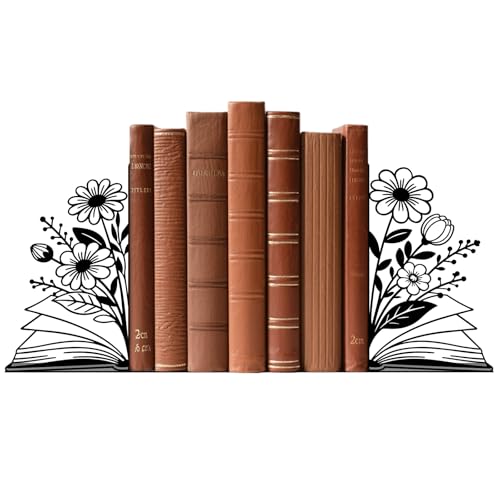 Metal Bookends Flower & Book Bookends Decorative Cute Book Ends for Shelves Bookshelf Reading Decor Bookshelf Decor Space-Saving Desk Organizer for Book Lovers Gift - style: Flower & Book Decorative Bookends