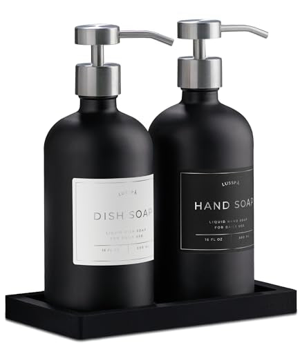 Glass Soap Dispenser Set of 2 (Black) with Silicone Tray | Hand and Dish Soap Dispenser for Kitchen and Bathroom | 16.8 Oz Glass Bottles with Stainless Steel Pump & 15 Waterproof Labels (Black/Silver) - color: Black/Silver