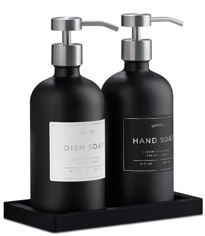 Glass Soap Dispenser Set of 2 (Black) with Silicone Tray | Hand and Dish Soap Dispenser for Kitchen and Bathroom | 16.8 Oz Glass Bottles with Stainless Steel Pump & 15 Waterproof Labels (Black/Silver) - color: Black/Silver