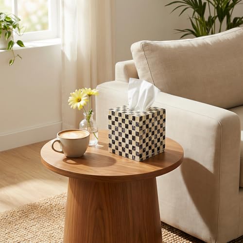 Mother of Pearl Tissue Box Cover, Decorative Tissue Box Holder Square Fits Kleenex & Puffs Tissue Box Cube for Coffee Table, Living Room, Kitchen & Dining Room (Checkerboard)