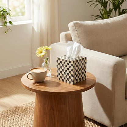 Mother of Pearl Tissue Box Cover, Decorative Tissue Box Holder Square Fits Kleenex & Puffs Tissue Box Cube for Coffee Table, Living Room, Kitchen & Dining Room (Checkerboard)
