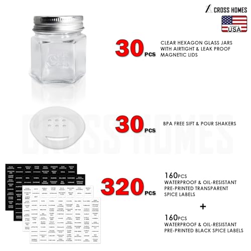 30 Set Magnetic Spice Jars for Refrigerator Hexagon Glass Spice Jars with Magnetic Lids, Shaker, Spice Labels, Magnetic Glass Spice Containers for RV Travel Trailer Kitchen Fridge Cabinet Wall mount