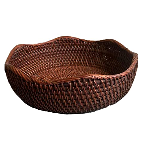 Handmade Rattan Round Fruit Basket Food Storage Bowls Kitchen Organizer Snack Serving Bowl 10 Inch Wavy Edge Circle Tray Basket with 3” Deep Wall, Dark Brown Décor Display Tray Bowl, M - color: M - D9.8 x H2.8 inch