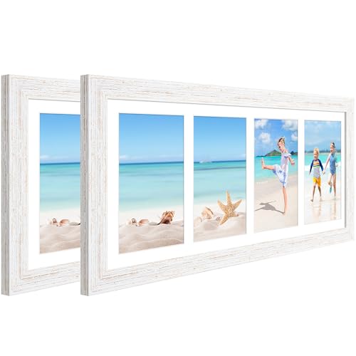 7x17 Collage Frame with 4 Openings 4X6 Pictures, Multiple Picture Frame with Mat, Wall or Tabletop Decor, White Wood Grain,2 Pack - color: White, size: 7x17-(4 open4x6)-2P