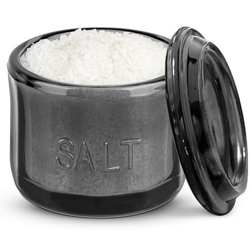 KooK Glass Salt Cellar, with Lid, Embossed Pressed Glass, Clear Storage Container, for Coffee, Sugar, Spices and Candies, 10 oz (Black) - color: Black