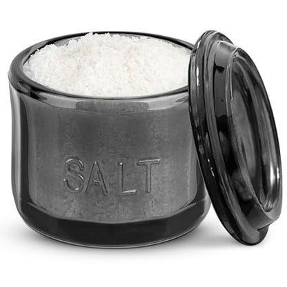 KooK Glass Salt Cellar, with Lid, Embossed Pressed Glass, Clear Storage Container, for Coffee, Sugar, Spices and Candies, 10 oz (Black) - color: Black