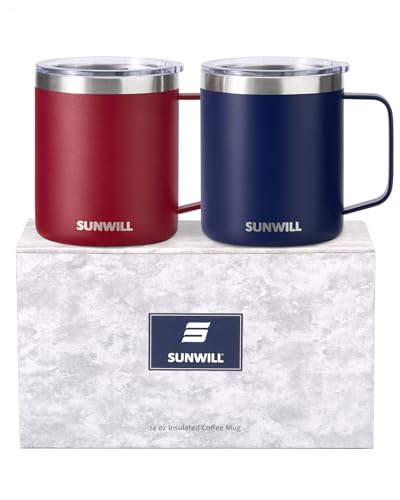 SUNWILL Travel Coffee Mug Set of 2, Insulated Tumbler with Lid, 14 oz Stainless Steel Cup with Handle for Camping, Office, Home, Powder Coated Navy Blue & Wine Red - color: Powder Coated Navy Blue & Wine Red