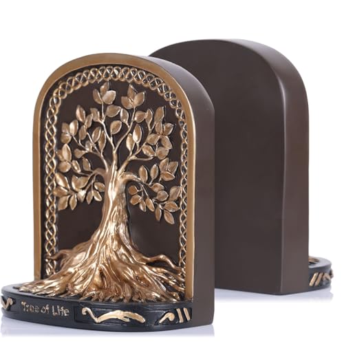 Tree of Life Bookends,Heavy Duty L-Shaped Resin Book Ends,2 Non-Skid Heavy Bookends for Shelves/Desktop/Bookshelf Decor,Celtic Mythology Sculpture,Vintage Accessories,Housewarming Gift (Black Gold) - color: Black Gold