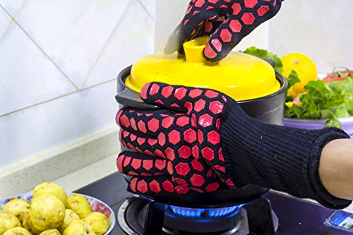 J H Heat Resistant Oven Glove:EN407 Certified 932 °F, 2 Layers Silicone Coating, Oven Mitts for Cooking, Kitchen, Fireplace,Camping, Grilling (Black/Red, Extra Long Cuff) - color: Black/Red, size: Extra Long Cuff
