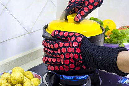 J H Heat Resistant Oven Glove:EN407 Certified 932 °F, 2 Layers Silicone Coating, Oven Mitts for Cooking, Kitchen, Fireplace,Camping, Grilling (Black/Red, Extra Long Cuff) - color: Black/Red, size: Extra Long Cuff