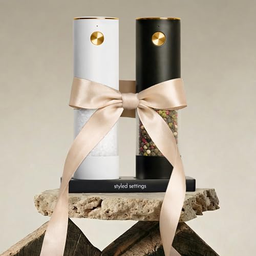 Styled Settings Rechargeable Electric Salt and Pepper Grinder Set | Automatic Salt and Pepper Shaker Set with USB-C Port, LED Light, Adjustable Coarseness, One Touch Control, Stainless Steel - color: Black/White