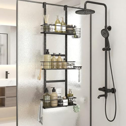 Over The Door Shower Caddy, 304 Stainless Steel Organizer, Black | Hanging Bathroom, Pantry & Kitchen Storage Rack. No Drilling With 3 Adjustable Shelves, 14 Hooks