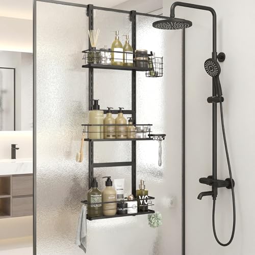 Over The Door Shower Caddy, 304 Stainless Steel Organizer, Black | Hanging Bathroom, Pantry & Kitchen Storage Rack. No Drilling With 3 Adjustable Shelves, 14 Hooks