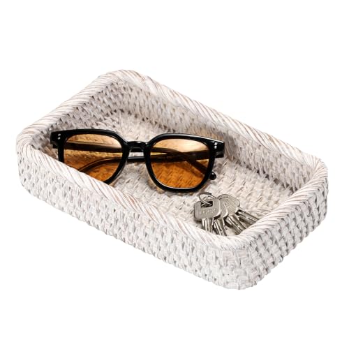 Hipiwe Decorative Key Tray for Entrayway Table Whitewash Rattan Basket Tray | Bathroom Tray for Toilet Paper Handwoven Wicker Storage Basket for Kitchen Vanity Home Decor, 10"x5.9"x2.2" - color: Whitewash, size: 10" x 5.9" x 2.2"