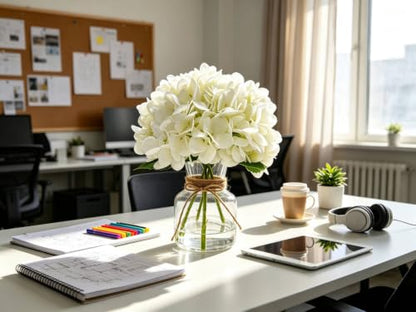Sumery Hydrangea Artificial Flowers with Vase White Silk Fake Flowers Arrangements in Glass Vase with Faux Water for Home Decor, Wedding, Bathroom, Shelf Decorations, Coffee Table (1, White, 11.8in)