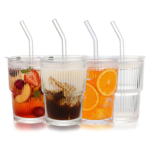 Ribbed Glass Tumbler with Lids and Straws, Vintage Clear Glass cups, Large capacity, Unbreakable, Fluted Design, Ideal for Travel, Iced Coffee,Smoothie, Tea, Latte, Gift (4pc 14oz) - size: 4pc 14oz