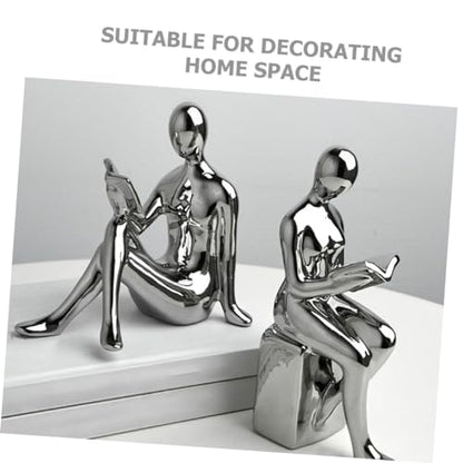 Cabilock Reading Statue Bookends Ceramic Decorative Books Desktop Figurine for Tabletop Bookshelf Decoration